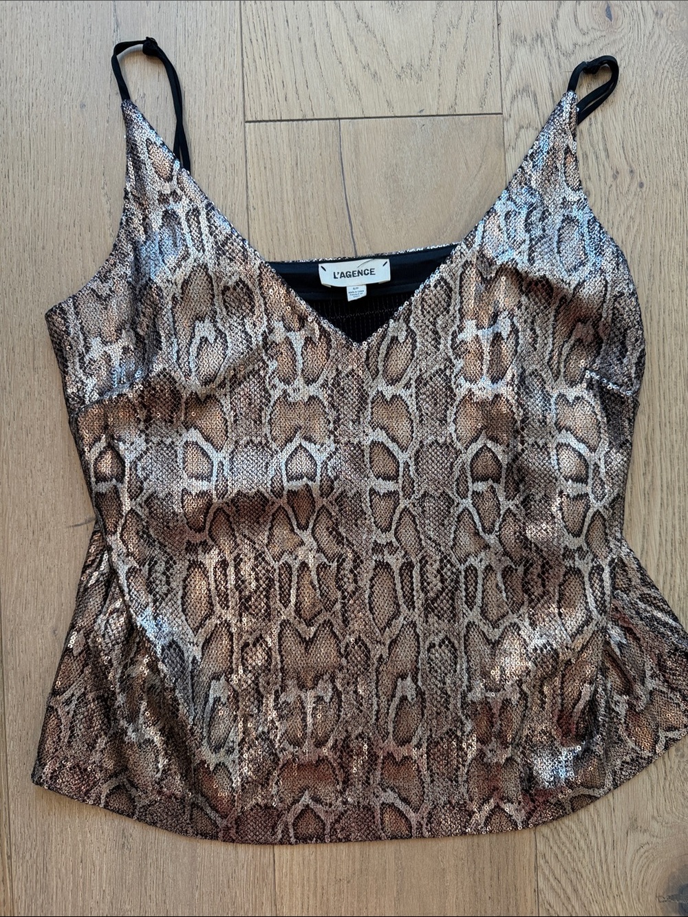 L'AGENCE Brown Snake-Print Sequin Cami